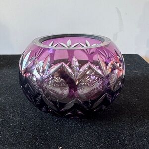 Vintage faceted design, purple amethyst cut-to-clear glass tea light vase